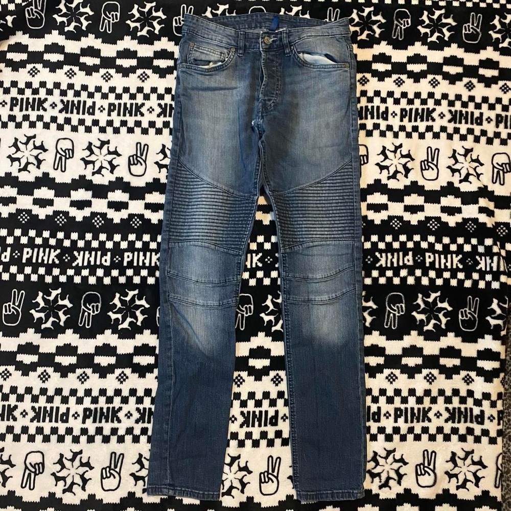 dark wash biker style jeans